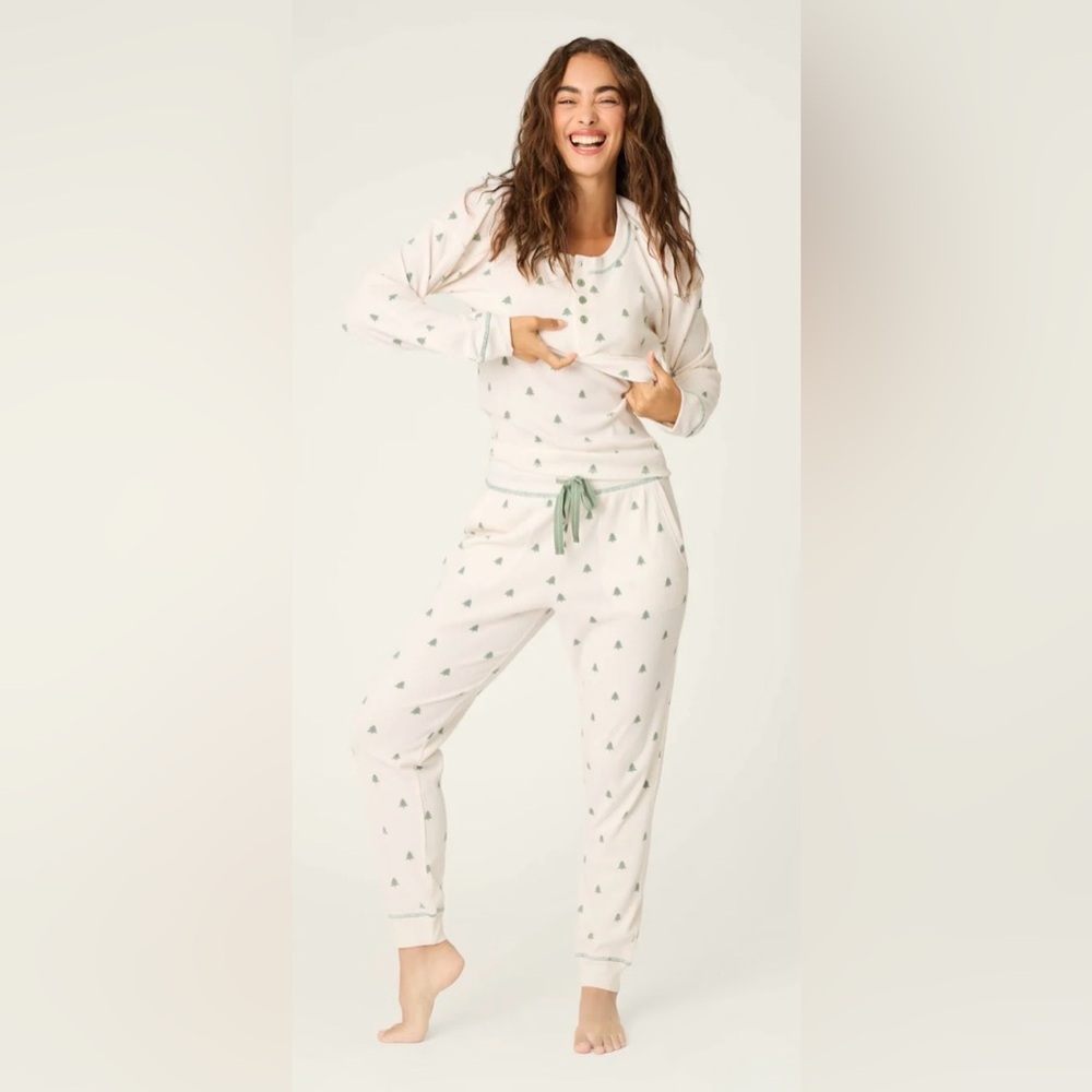 PJ Salvage Cream Pajama Set with Green Tree Print